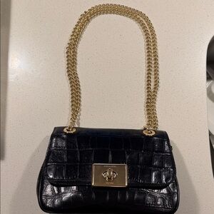 Coach Black Croc-Embossed Shoulder Bag with Gold Chain